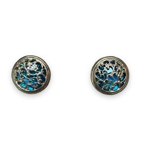 Blue/Green and Gold Tone Round Stud Earrings